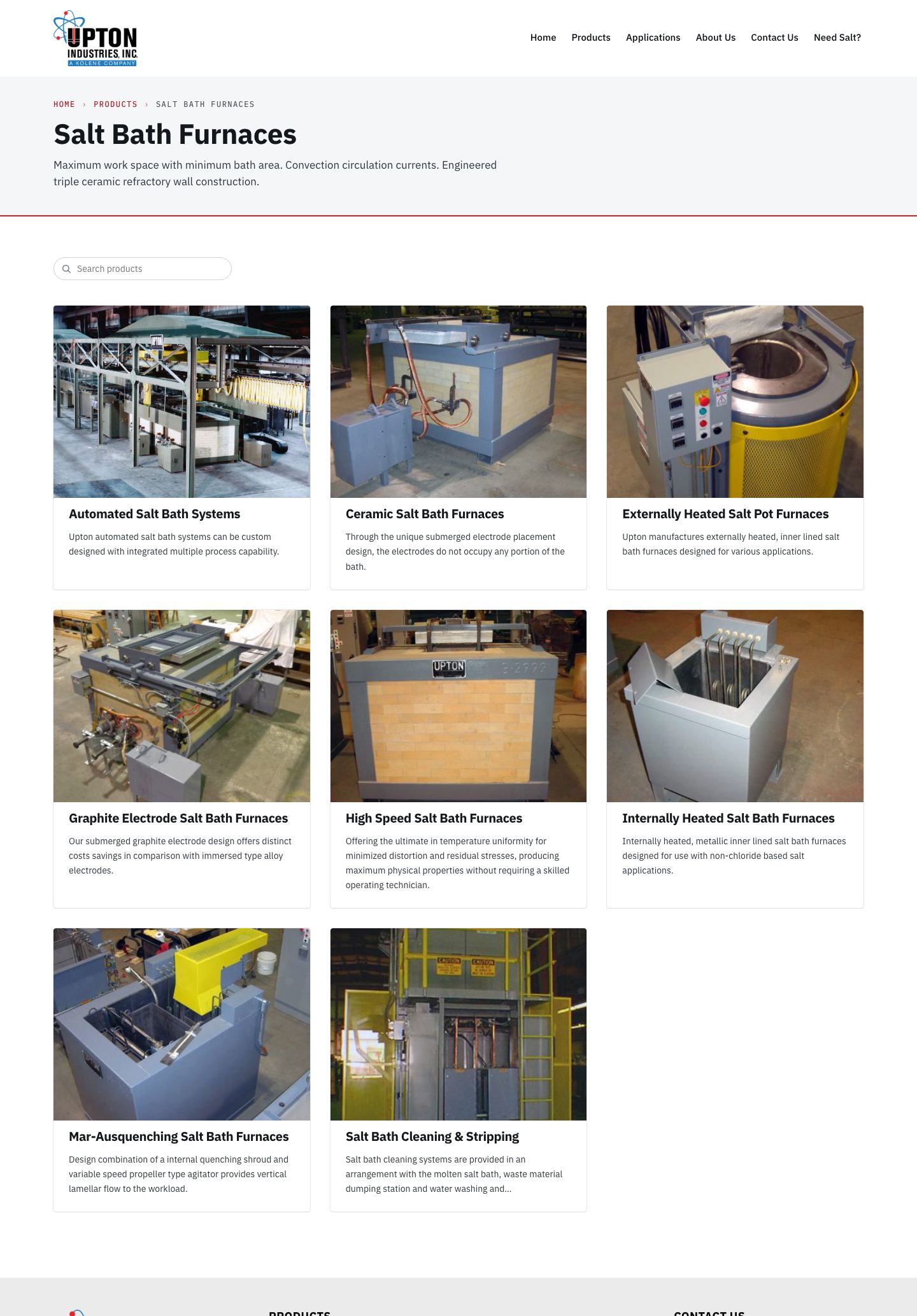 Screenshot of upton.test today (/products/salt-bath-furnaces/ · 1440). The family page is a search box and eight cards, then the footer; the body has no text and no process information.