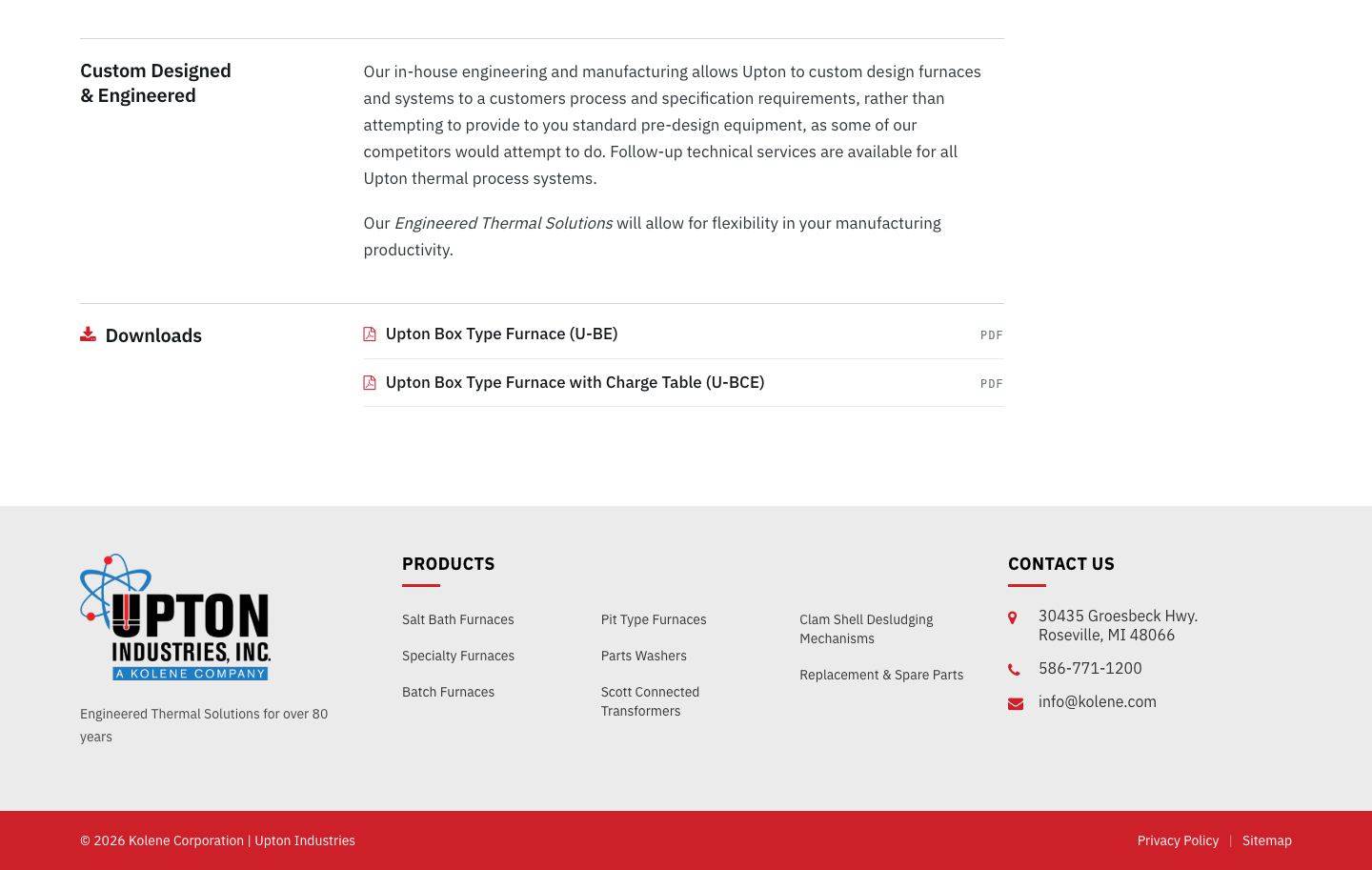 Screenshot of upton.test today (/products/batch-furnaces/box-furnaces/ · 1440 · end of page). Boilerplate, Downloads, footer; Box is tagged with 9 processes but the page links to none of them.