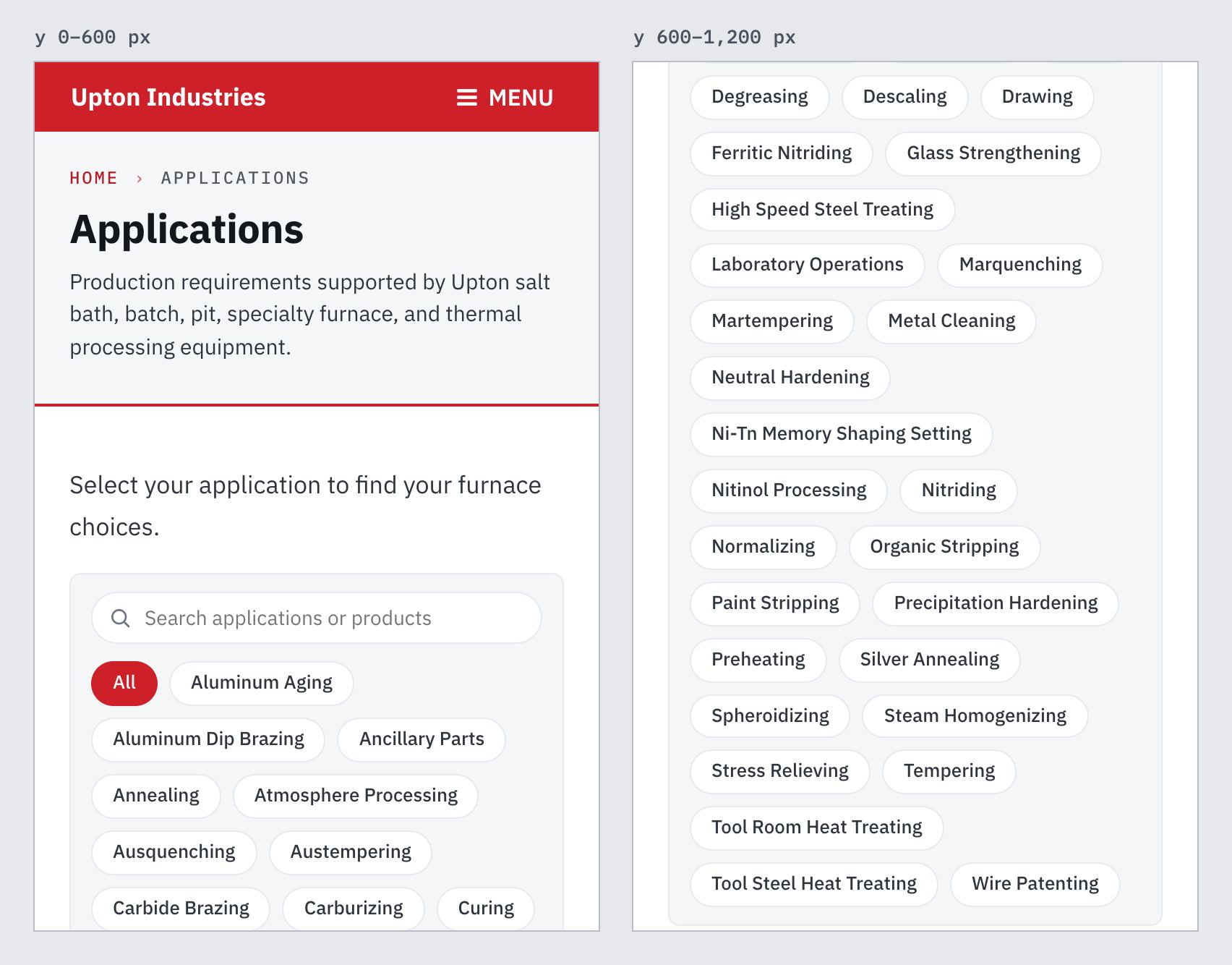 Screenshot of upton.test today (/applications/ · 390 · first 1,200px shown as two strips). A search box and a wall of 38 chips, each an exact term name, so you have to already know what the process is called.