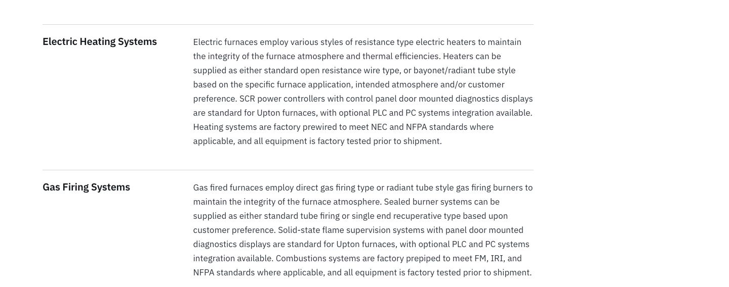 Screenshot of upton.test today (/products/batch-furnaces/box-furnaces/ · 1440 · Electric and Gas sections). NEC, NFPA, FM, IRI and SCR/PLC all set in the same body sans as the prose around them.