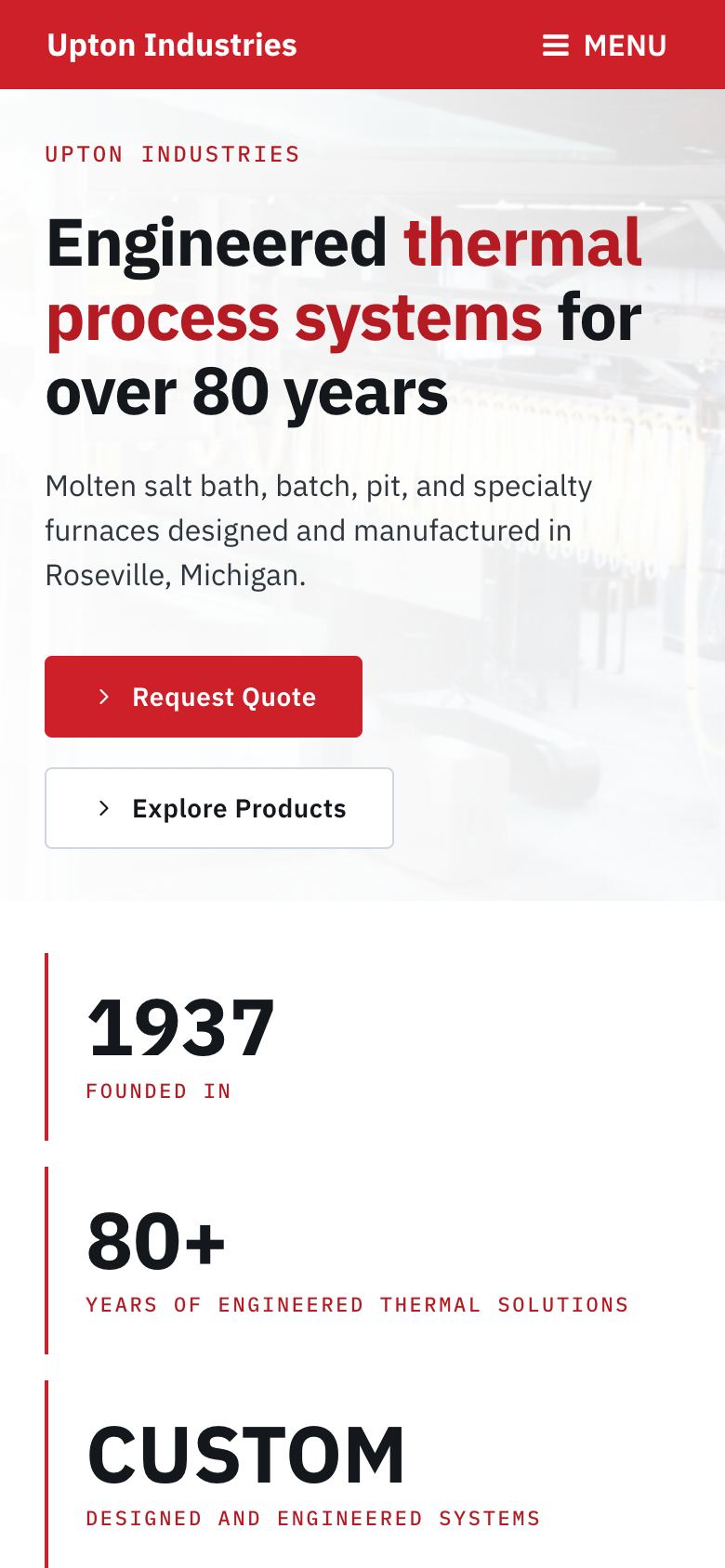 Screenshot of upton.test today (/ · 390×844 · first screen). The phone header is a red text wordmark by design, so the Upton mark never appears (and the site has no favicon).