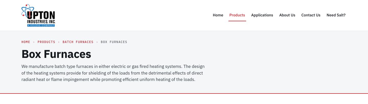 Screenshot of upton.test today (/products/batch-furnaces/box-furnaces/ · 1440 · header with Products hovered). No mega panel opens, the hover underline is identical to the current-page marker, and the header has no phone number or quote button.