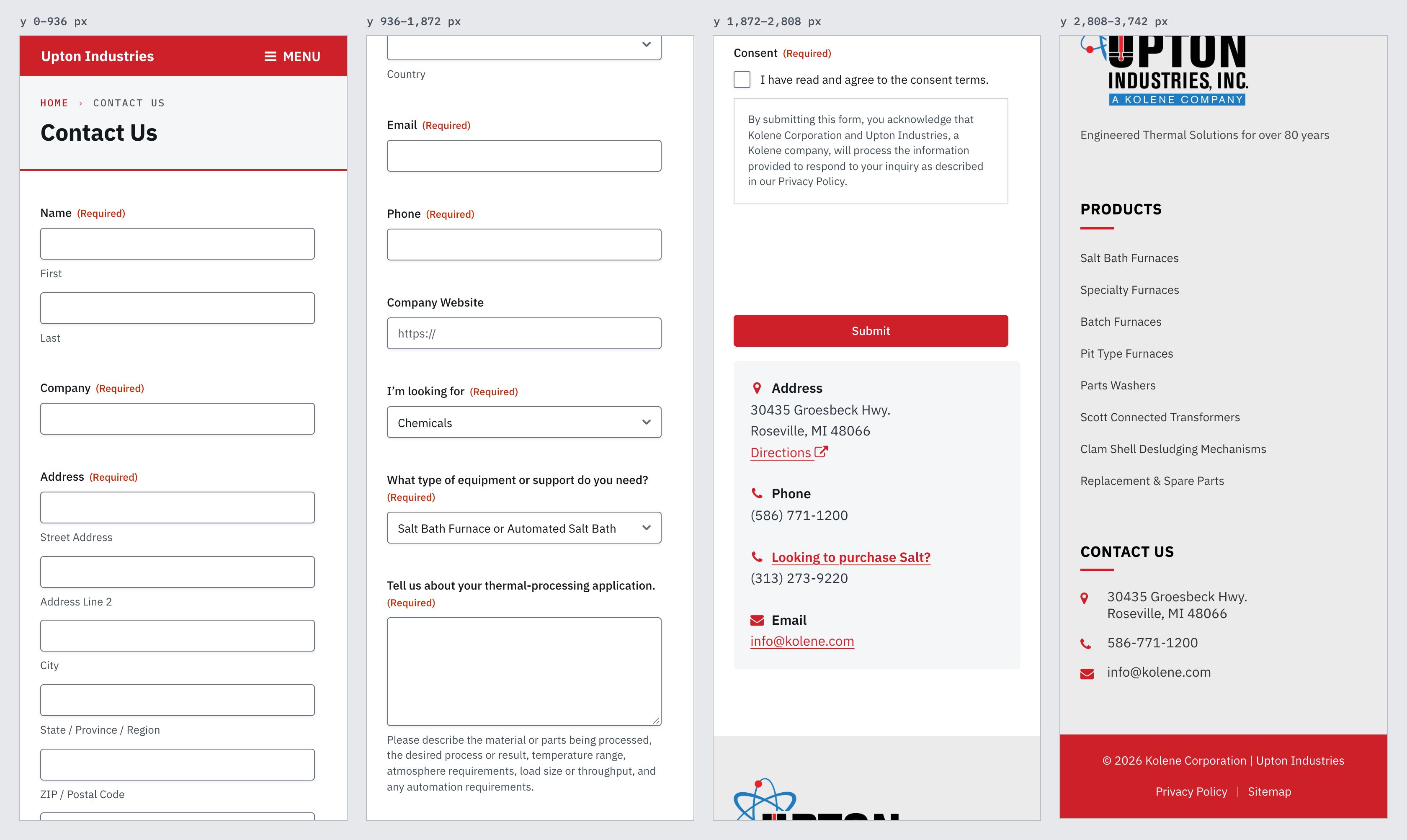 Screenshot of upton.test today (/contact/ · 390 · full page (3,742px) in four strips). "Chemicals" preselected, address fields before the job, and the phone number below Submit (Submit at y 2,205, phone at y 2,406).
