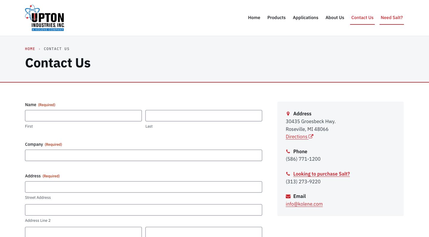 Screenshot of upton.test today (/contact/ · 1440 · sidebar, with "Need Salt?" hovered in the nav). The Kolene link gets the same red underline as the current page, the salt number (313) 273-9220 is plain text, and the email is info@kolene.com with no explanation.