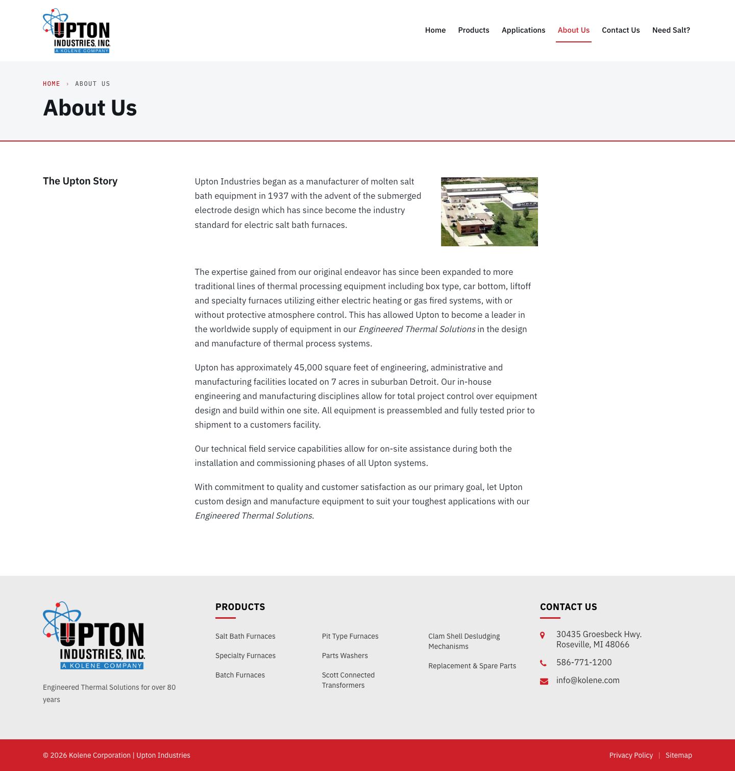 Screenshot of upton.test today (/about/ · 1440 · full page). One heading, five paragraphs and a 190×135 aerial photo; the 1937 submerged-electrode origin is buried in sentence one and there is no call to action.