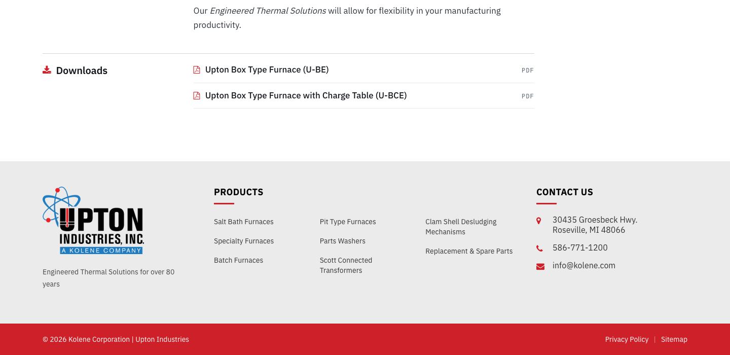 Screenshot of upton.test today (/products/batch-furnaces/box-furnaces/ · 1440 · bottom 700px). The U-BE and U-BCE general-arrangement drawings appear only as two "PDF" rows in Downloads.