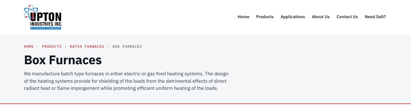 Screenshot of upton.test today (/products/batch-furnaces/box-furnaces/ · 1440 · page header). The same gray band as the Privacy Policy, a description that repeats the first paragraph, and no image or model code.