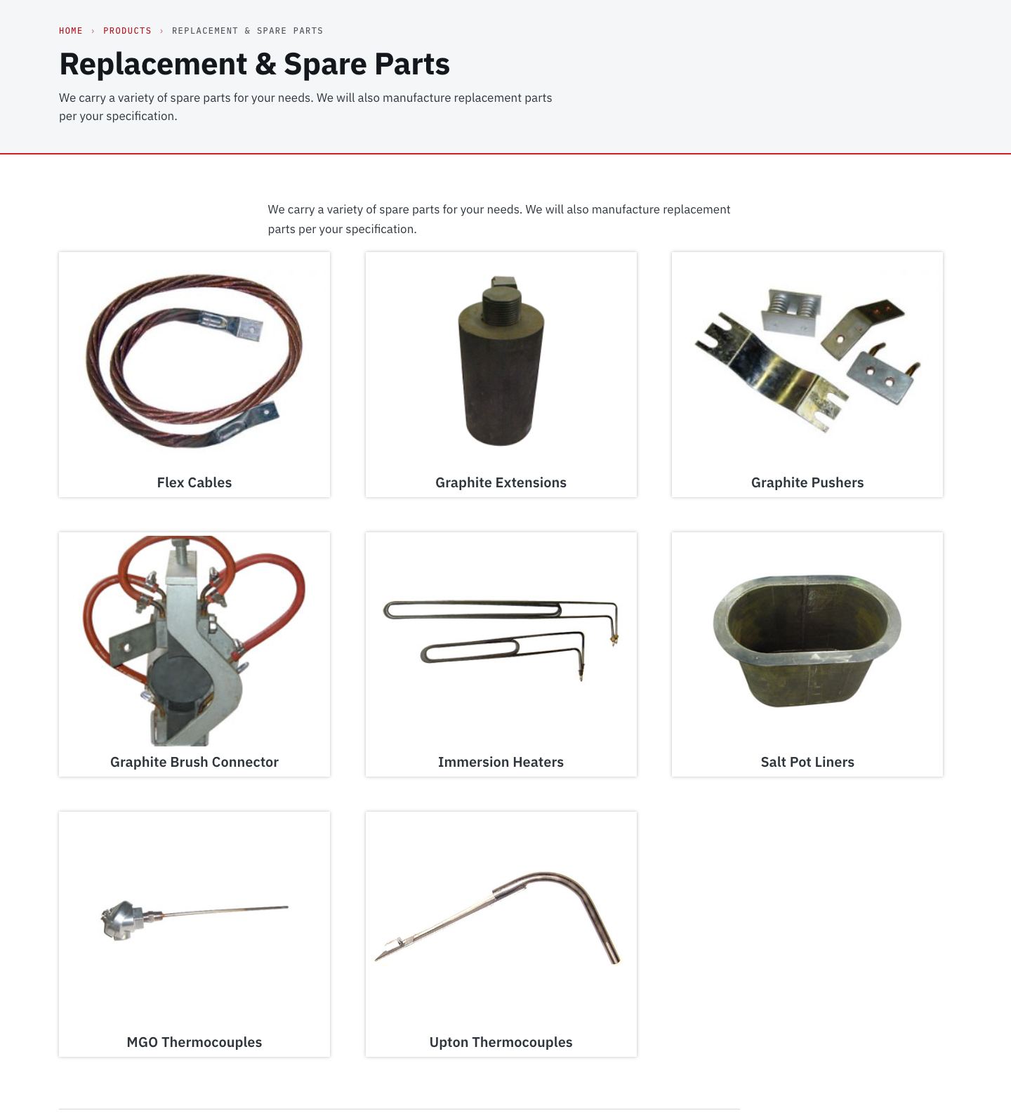 Screenshot of upton.test today (/products/replacement-spare-parts/ · 1440). A captioned gallery of 8 parts, each a dead end; hovered (Graphite Brush Connector) it only zooms and crops the part.
