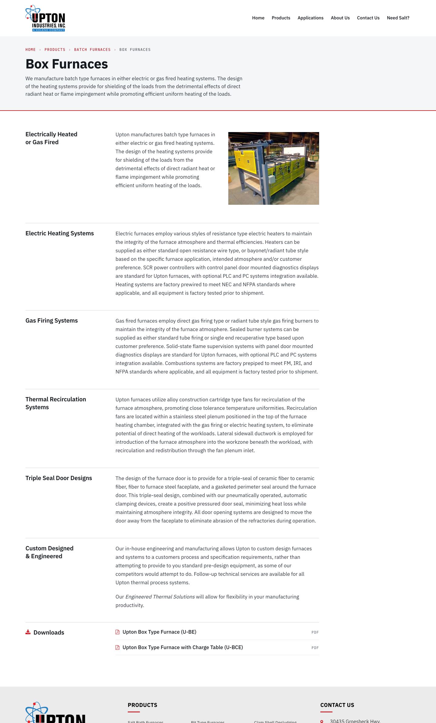 Screenshot of upton.test today (/products/batch-furnaces/box-furnaces/ · 1440 · full page). The right-hand third stays empty all the way down, and the page goes text → PDF → footer with no call to action.