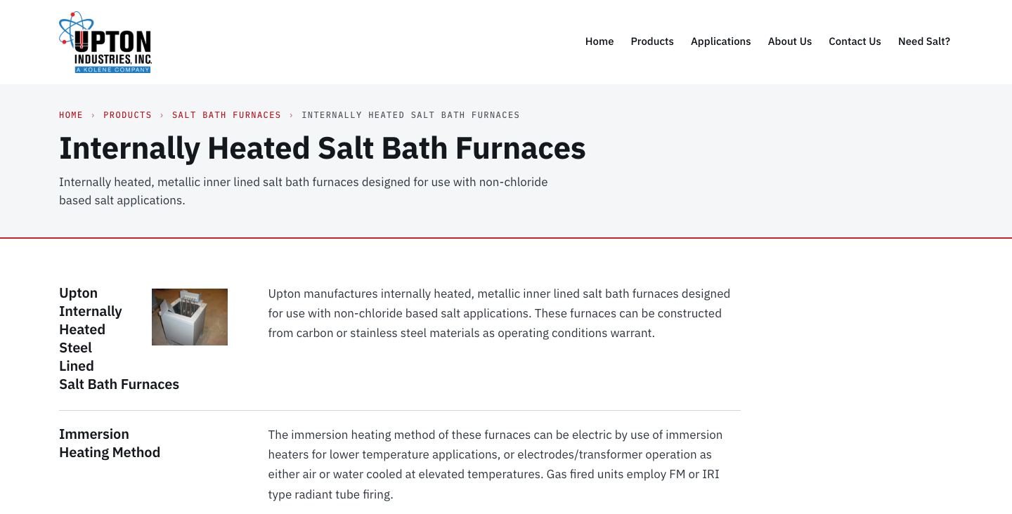 Screenshot of upton.test today (/products/salt-bath-furnaces/internally-heated/ · 1440 · top of page). The photo is coded inside the heading, so it renders at 108×81 and the heading breaks one word per line.