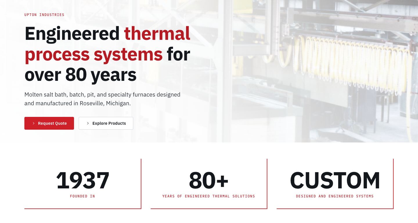 Screenshot of upton.test today (/ · 1440 · hero headline and proof strip). "for over 80 years" and "80+" for a company founded in 1937, which is 89 years in 2026.