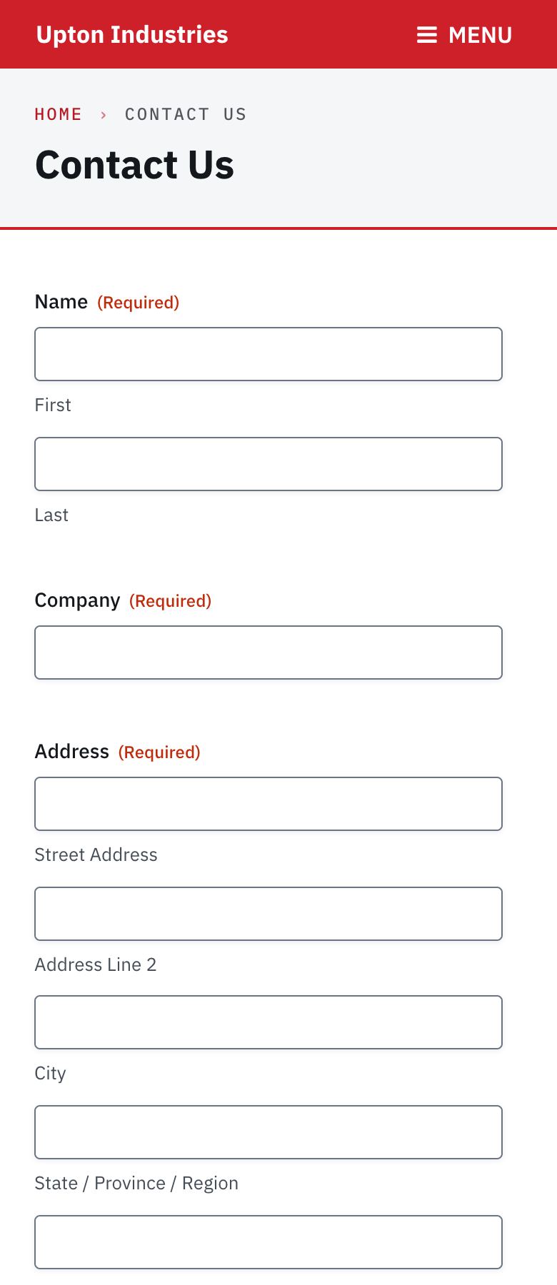 Screenshot of upton.test today (/contact/ · 390 · first three fields (Name, Company, Address)). Form text is 14px, so iOS zooms in on every tap, and the MENU button is 79×28.