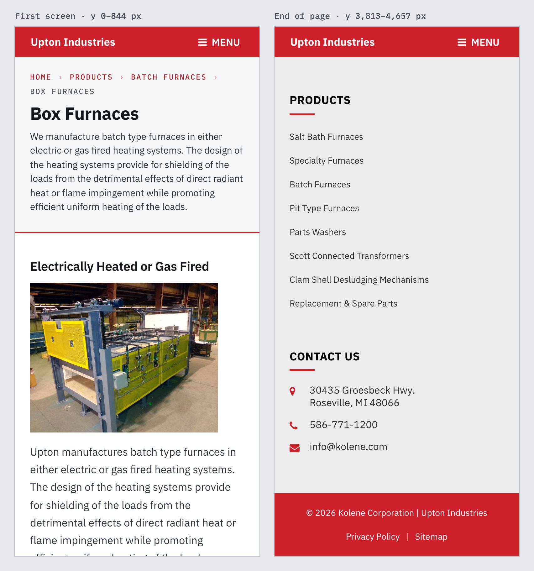 Screenshot of upton.test today (/products/batch-furnaces/box-furnaces/ · 390 · first screen and end of page). Navigation is a 79×28 MENU button in the top-right corner, and the only visible phone number is in the footer at the very bottom.