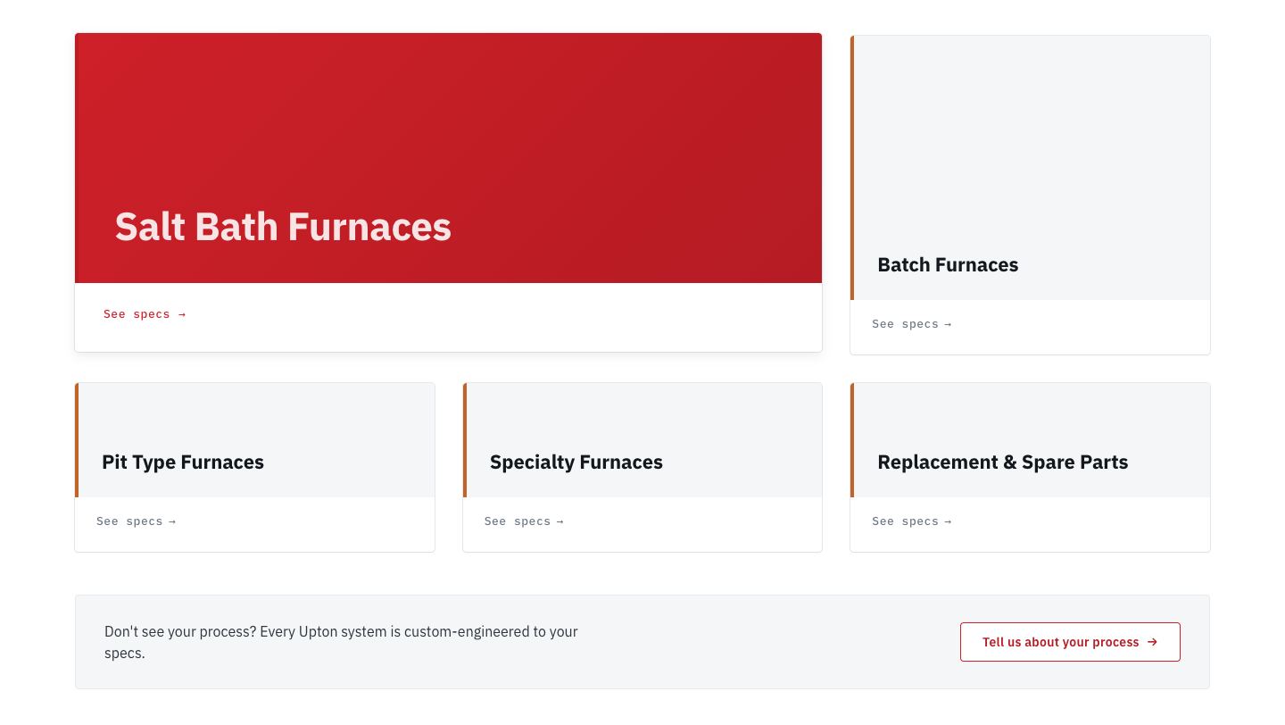 Screenshot of upton.test today (/ · 1440 · bento with the Salt Bath Furnaces tile hovered). It lifts 3px and "See specs" turns red, the same red-text hover used everywhere else on the site.