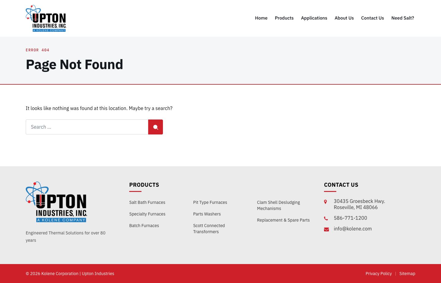 Screenshot of upton.test today (/no-such-page-xyz/ · 1440 · full page). The Twenty Seventeen boilerplate ("It looks like nothing was found at this location. Maybe try a search?"), one search box and white space.