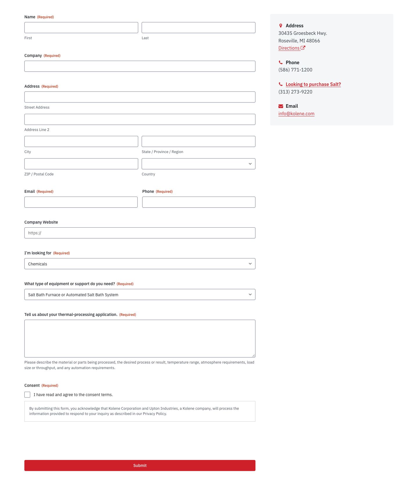Screenshot of upton.test today (/contact/ · 1440 · the form). 12 identity and address inputs come first; the best prompt (material, process, temperature, atmosphere, load) is small helper text under one blank textarea.