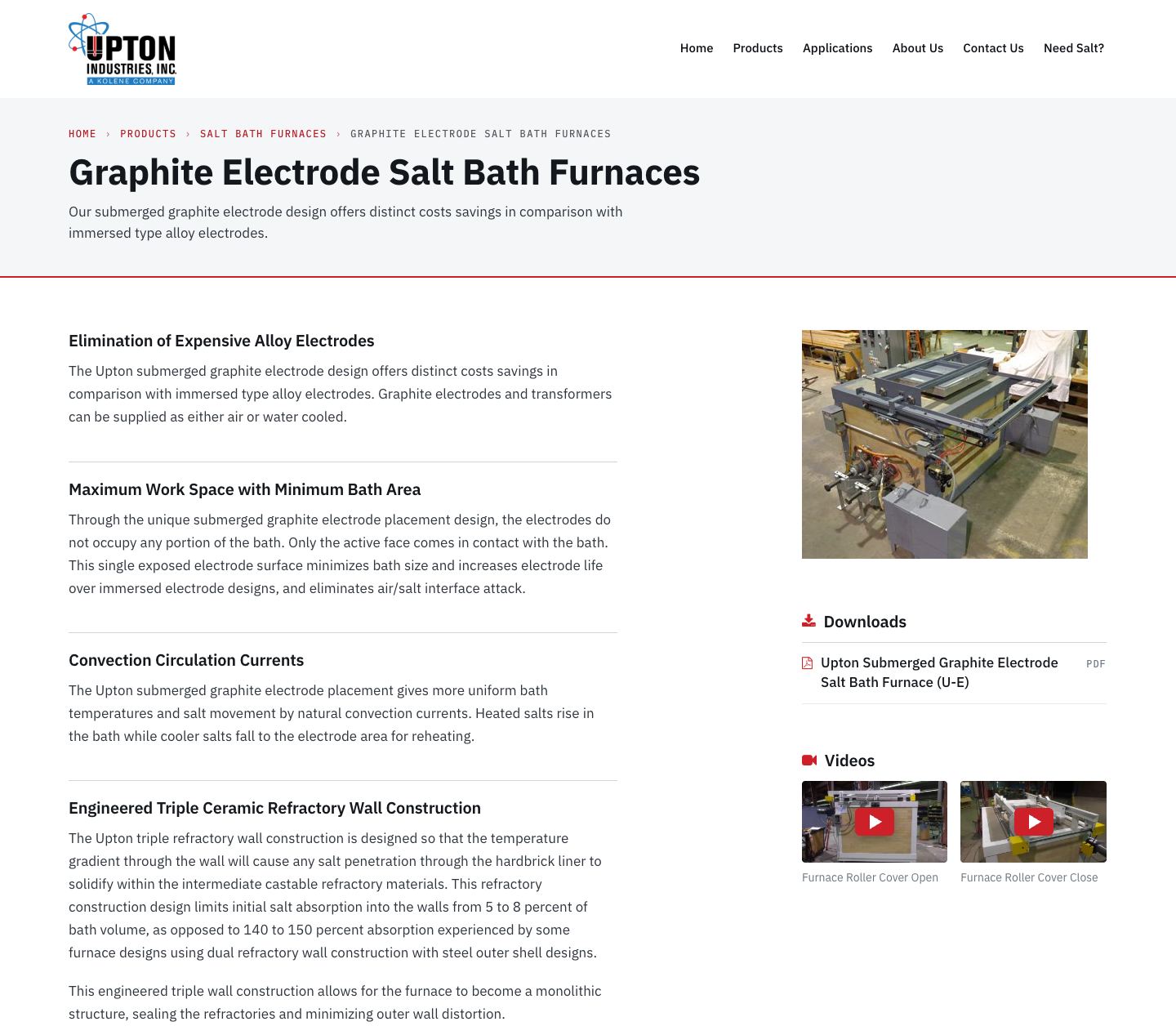 Screenshot of upton.test today (/products/salt-bath-furnaces/graphite-electrode/ · 1440 · top of page). The 1937 submerged-electrode story (convection currents, the triple refractory wall) told as text sections beside one small photo.